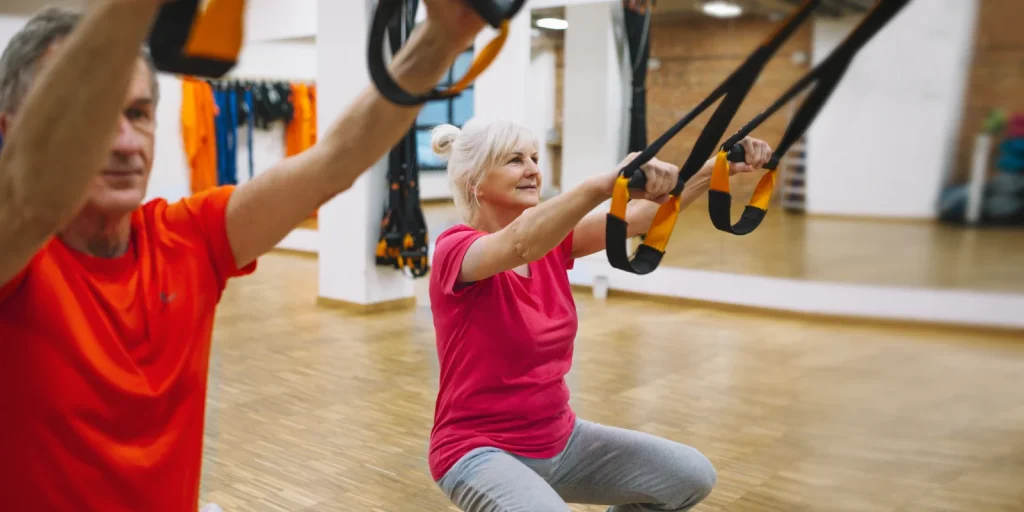 senior exercise class using resistance bands